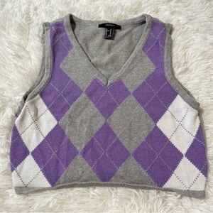 Forever 21 Y2K Geek Preppy Dark Academia Knit Sweater Vest Argyle Crop Purple M